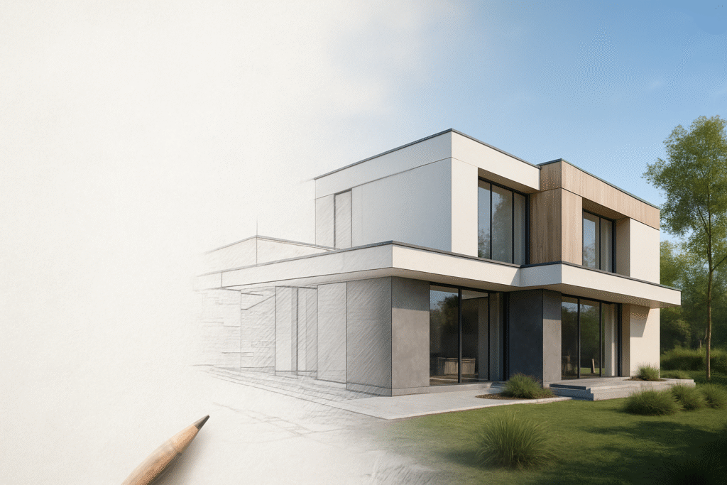 תהליך תכנון אדריכלות חוץ בצפון – מעבר מהסקיצה בעיפרון להדמיה פוטוריאליסטית של בית מודרני, כולל שילוב קווים נקיים, חיפוי עץ וסביבה ירוקה