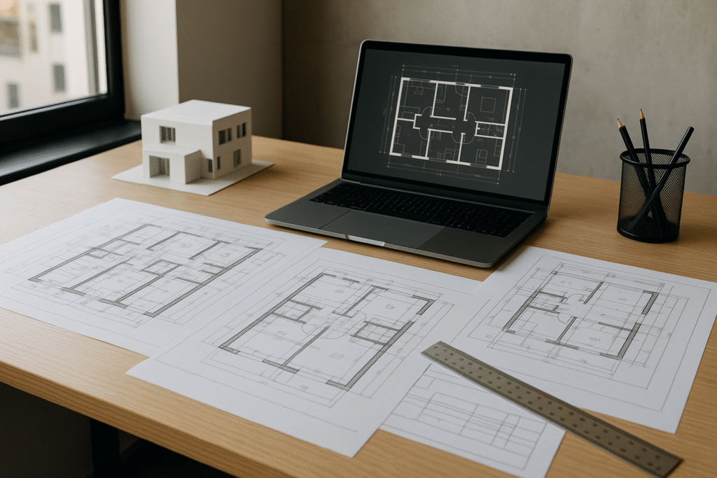 שולחן עבודה אדריכלי עם מחשב, תוכניות אדריכליות ומודל מוקטן של מבנה
