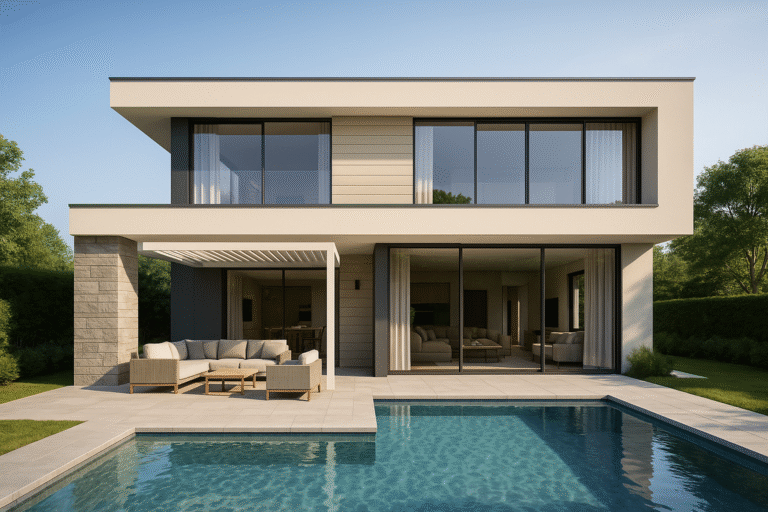הדמיה תלת־ממדית של וילה מודרנית עם פינת ישיבה ובריכה