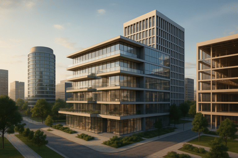 הדמיה תלת־ממדית של מבני משרדים מודרניים שתוכננו באמצעות BIM