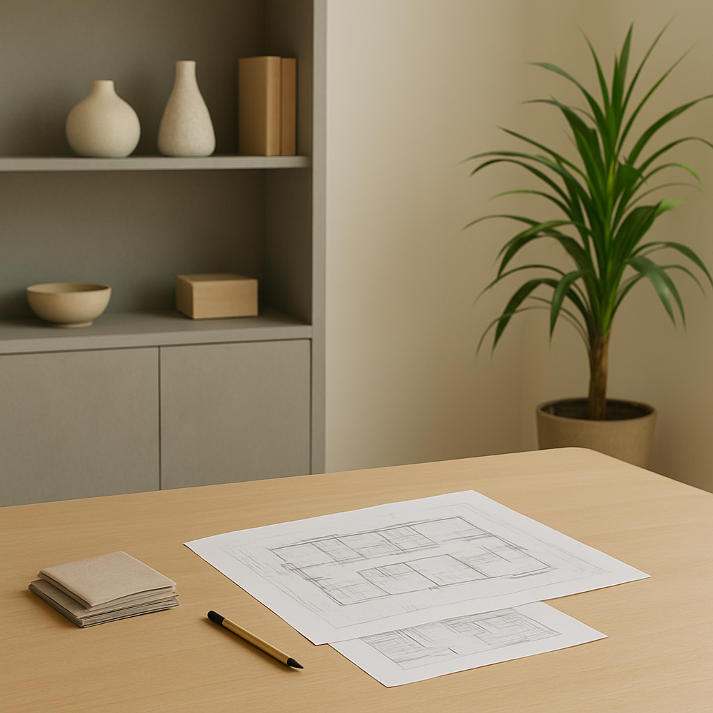 שולחן עץ עם תוכניות אדריכליות, דוגמאות בדים ועט שרטוט, ברקע מדפי עיצוב וצמח ירוק – עיצוב פנים שיתופי בצפון הארץ