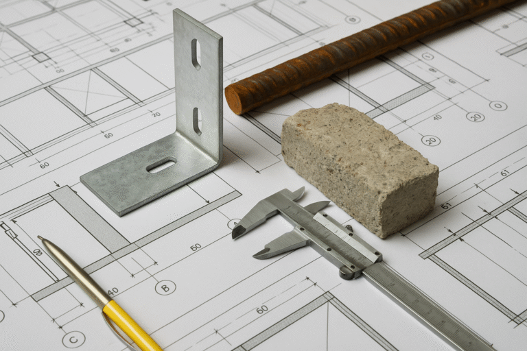 שרטוטים הנדסיים עם קליבר, בלוק בטון, זווית מתכת וברזל זיון