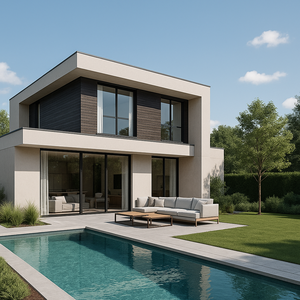 הדמיית חוץ של בית פרטי מודרני עם בריכה, גינה ירוקה ועיצוב נקי בסגנון עכשווי