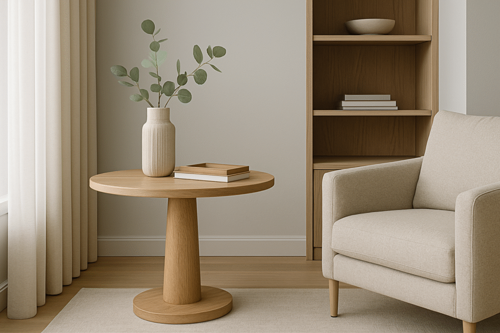 פינה מעוצבת בבית בצפון הארץ בסגנון מודרני – שילוב של חומרים טבעיים, תאורה חמימה וריהוט מינימליסטי