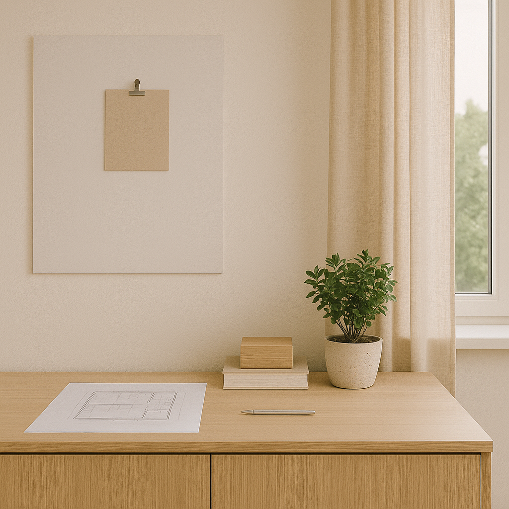 ארון עץ בהיר בחלל מואר, עליו מונחות תוכניות אדריכליות, ספרים, עט וצמח ירוק – מייצג תהליך עיצוב פנים קפדני בצפון עם דגש על שליטה בפרטים