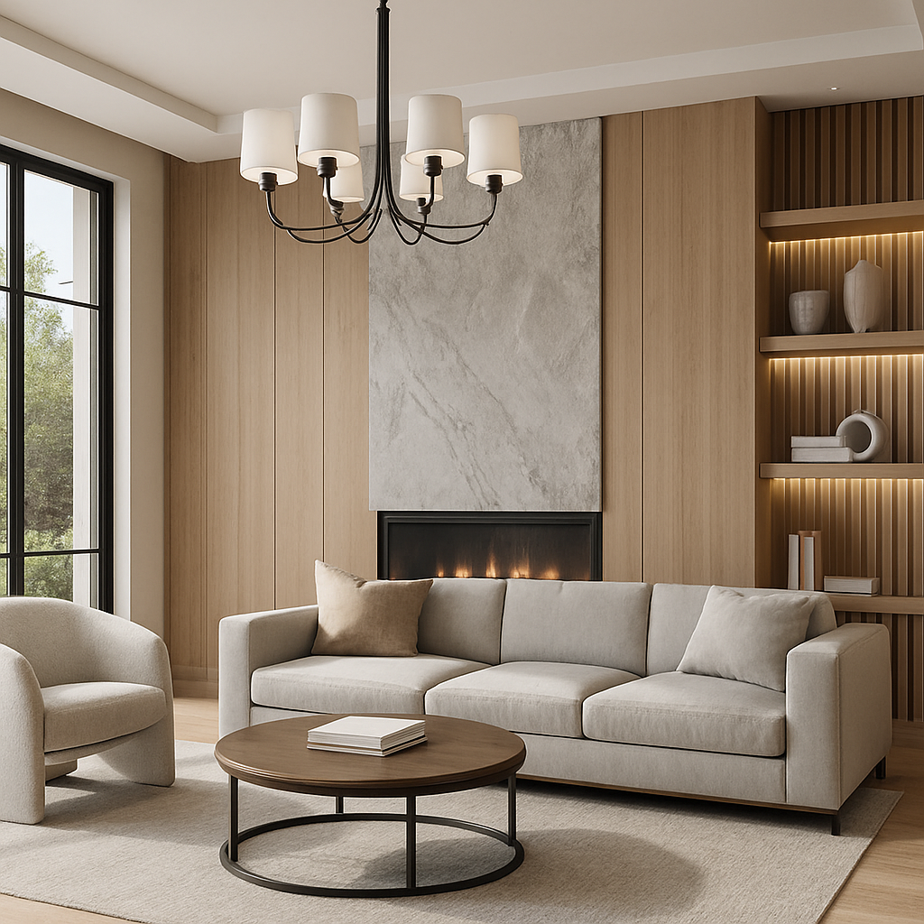 הדמיית פנים תלת ממדית של סלון מודרני עם ריהוט מינימליסטי, עיצוב חמים ותאורה טבעית