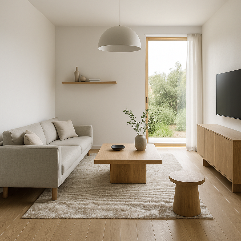 חלל מגורים מואר ומעוצב בסגנון מודרני בצפון הארץ – שימוש בעץ טבעי, גוונים בהירים ואיזון בין אסתטיקה לפונקציונליות