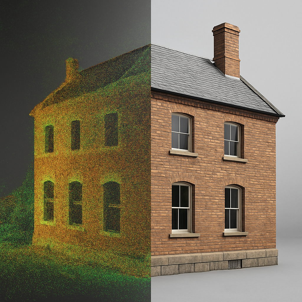 הדמיה המשווה בין ענן נקודות צבעוני לבין מודל תלת ממדי של מבנה לבנים קלאסי