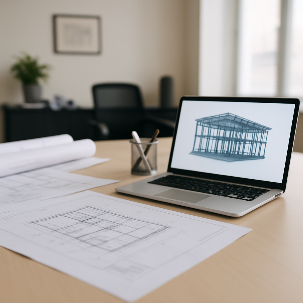 שולחן משרד הנדסי עם תוכניות בנייה פתוחות ומחשב נייד עם מודל BIM תלת־ממדי