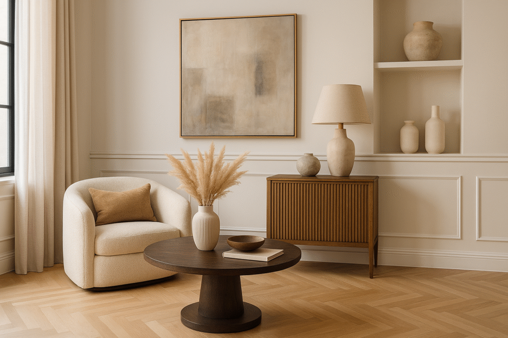 פינה מעוצבת ומרשימה בסלון מודרני בצפון הארץ – שילוב של ריהוט יוקרתי, גופי תאורה מעוצבים, חומרים טבעיים ופרטי דקורציה מוקפדים